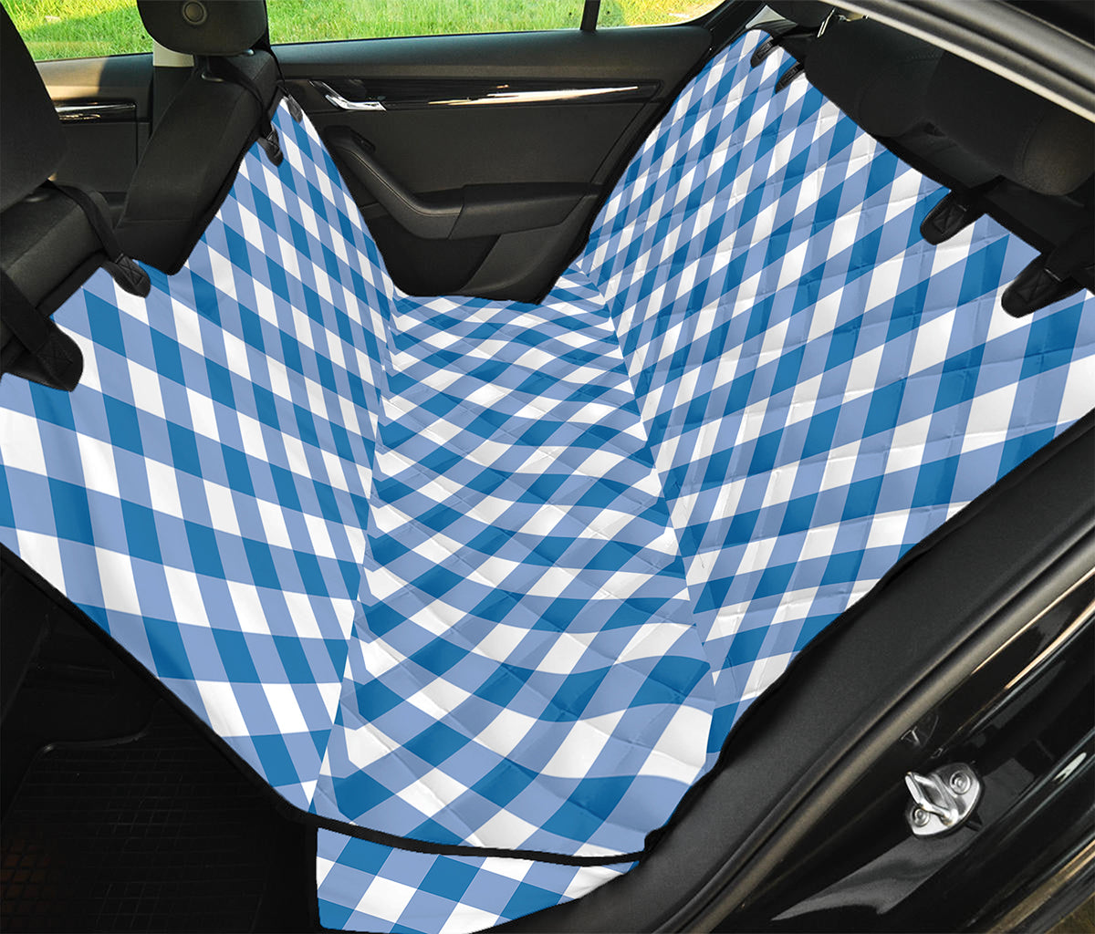 Steel Blue And White Gingham Print Pet Car Back Seat Cover