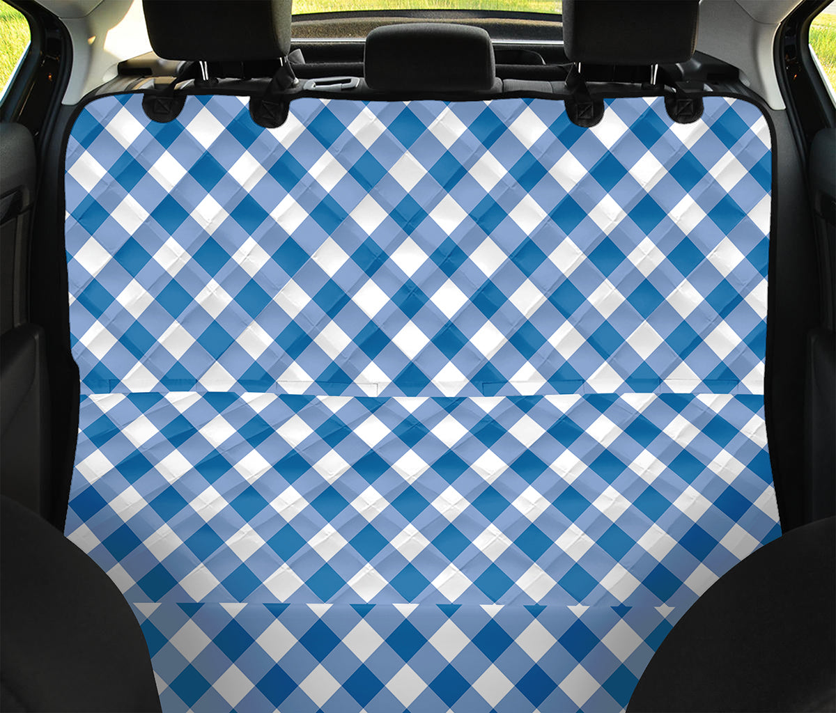 Steel Blue And White Gingham Print Pet Car Back Seat Cover