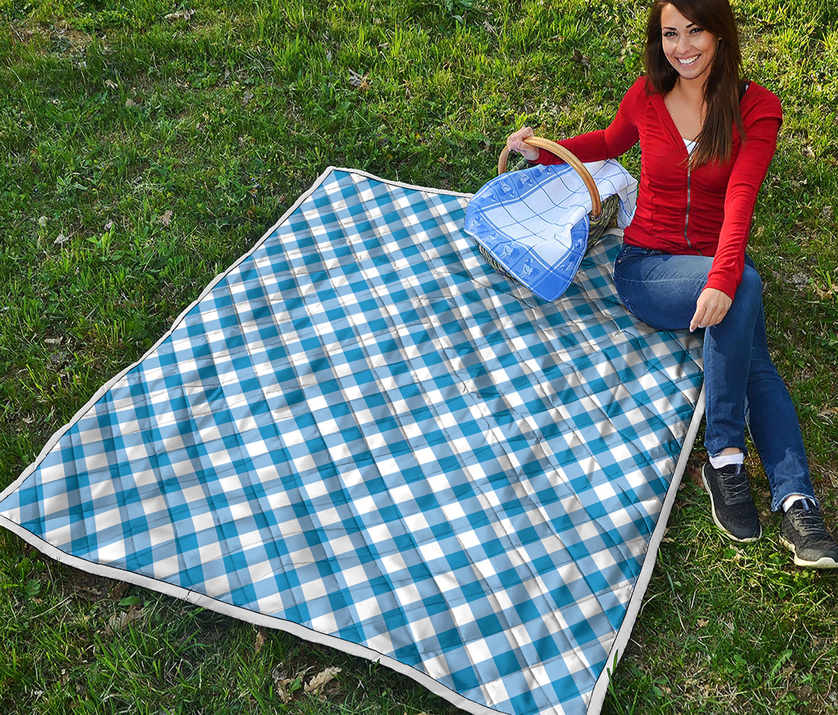 Steel Blue And White Gingham Print Quilt