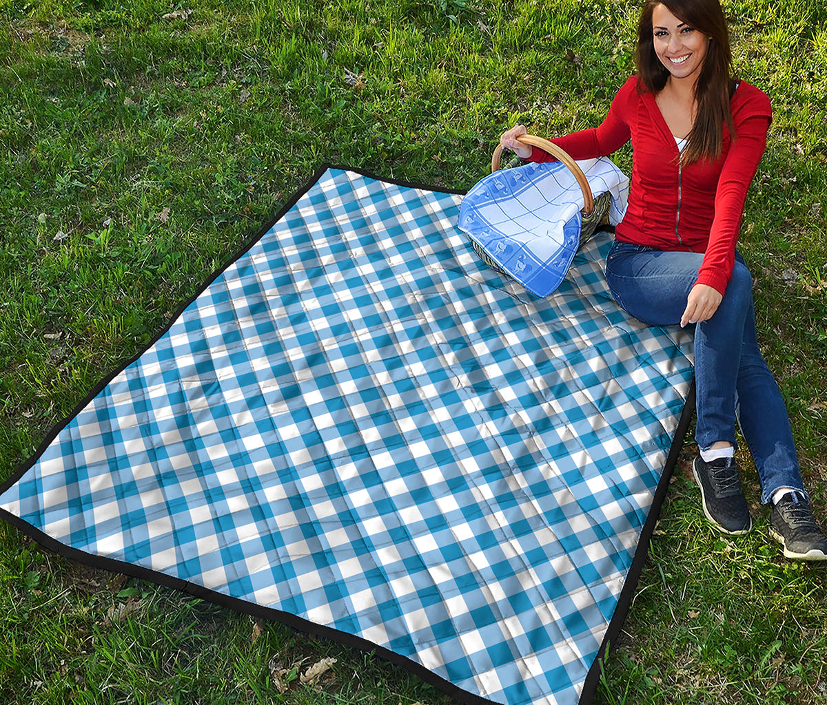 Steel Blue And White Gingham Print Quilt