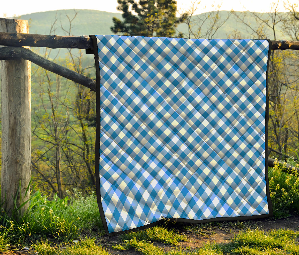 Steel Blue And White Gingham Print Quilt