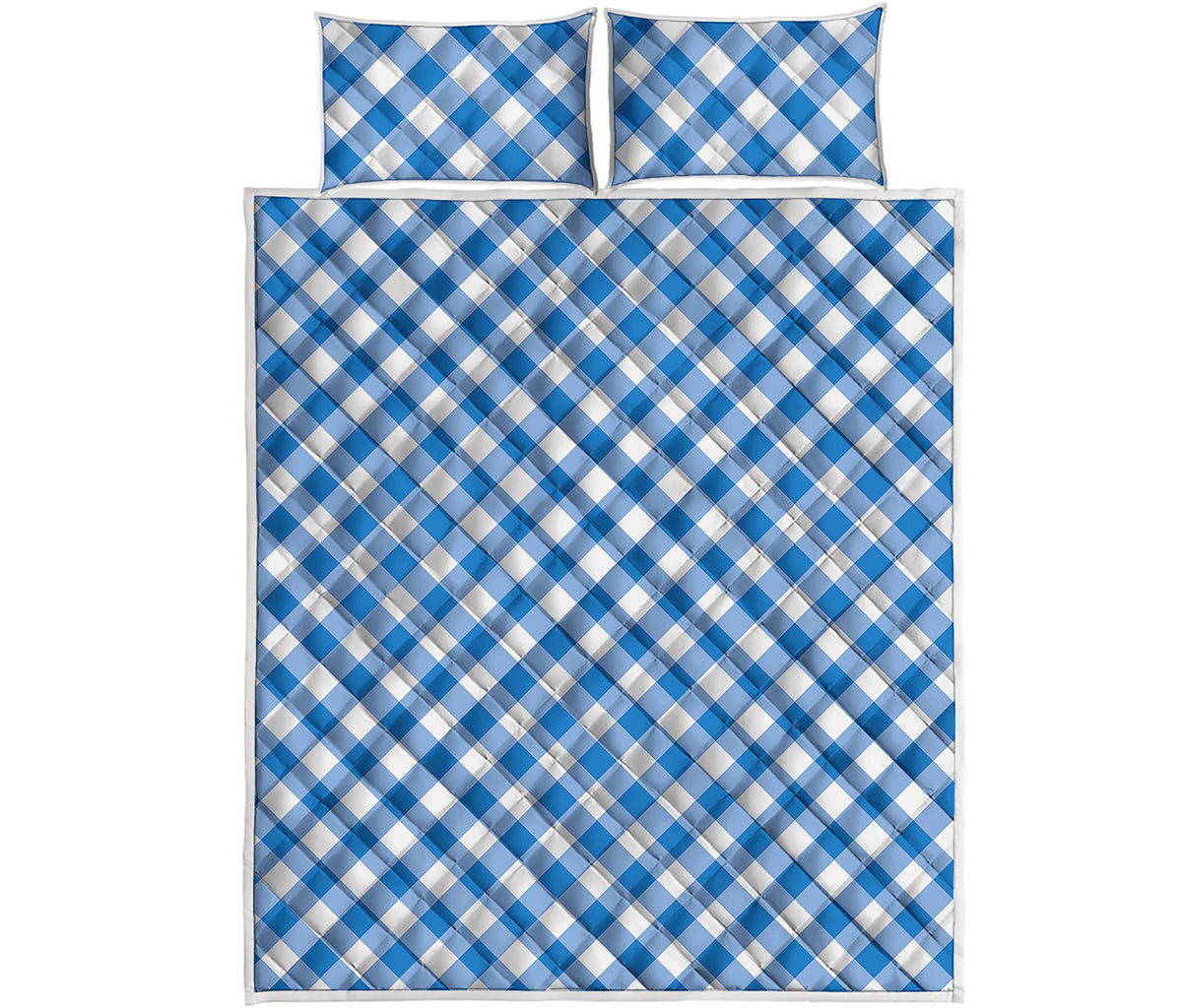 Steel Blue And White Gingham Print Quilt Bed Set