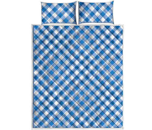 Steel Blue And White Gingham Print Quilt Bed Set