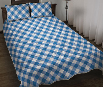 Steel Blue And White Gingham Print Quilt Bed Set