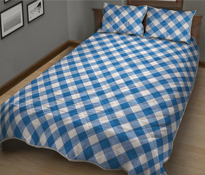 Steel Blue And White Gingham Print Quilt Bed Set