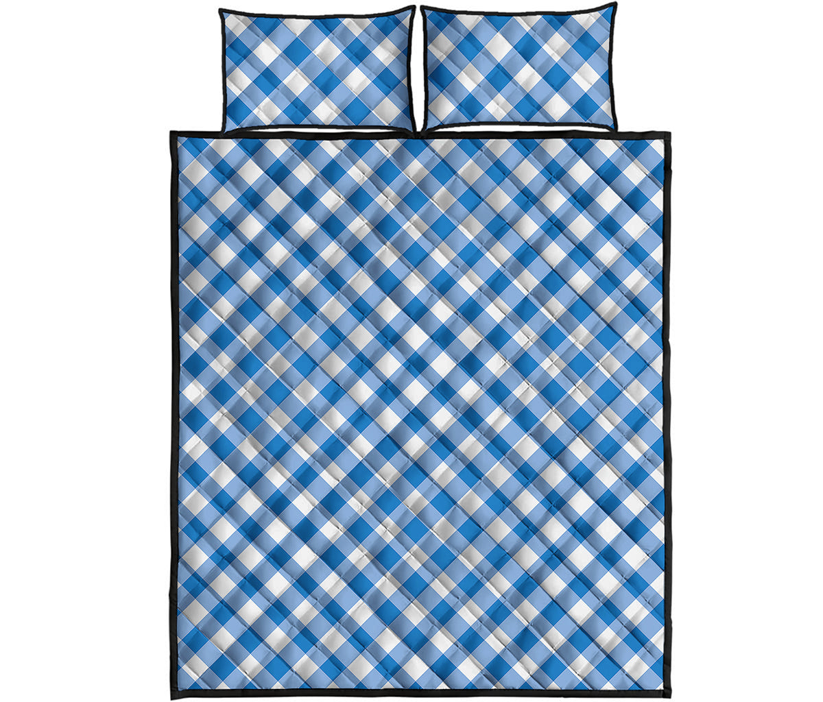 Steel Blue And White Gingham Print Quilt Bed Set