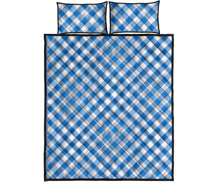 Steel Blue And White Gingham Print Quilt Bed Set