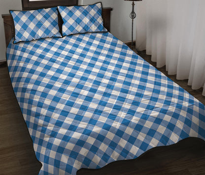 Steel Blue And White Gingham Print Quilt Bed Set