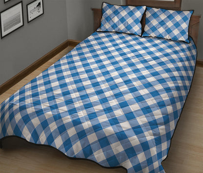 Steel Blue And White Gingham Print Quilt Bed Set