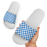 Steel Blue And White Gingham Print White Slide Sandals