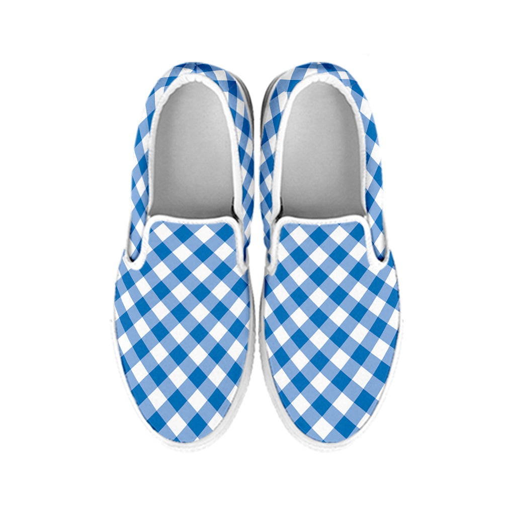 Steel Blue And White Gingham Print White Slip On Shoes