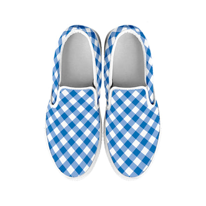 Steel Blue And White Gingham Print White Slip On Shoes