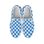 Steel Blue And White Gingham Print White Slip On Shoes