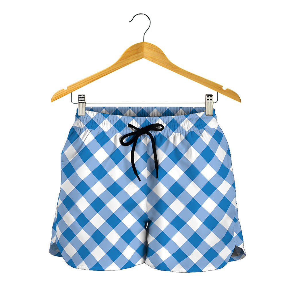 Steel Blue And White Gingham Print Women's Shorts