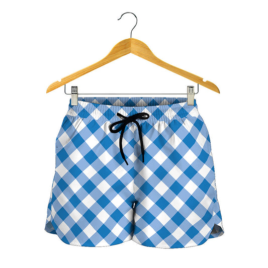 Steel Blue And White Gingham Print Women's Shorts