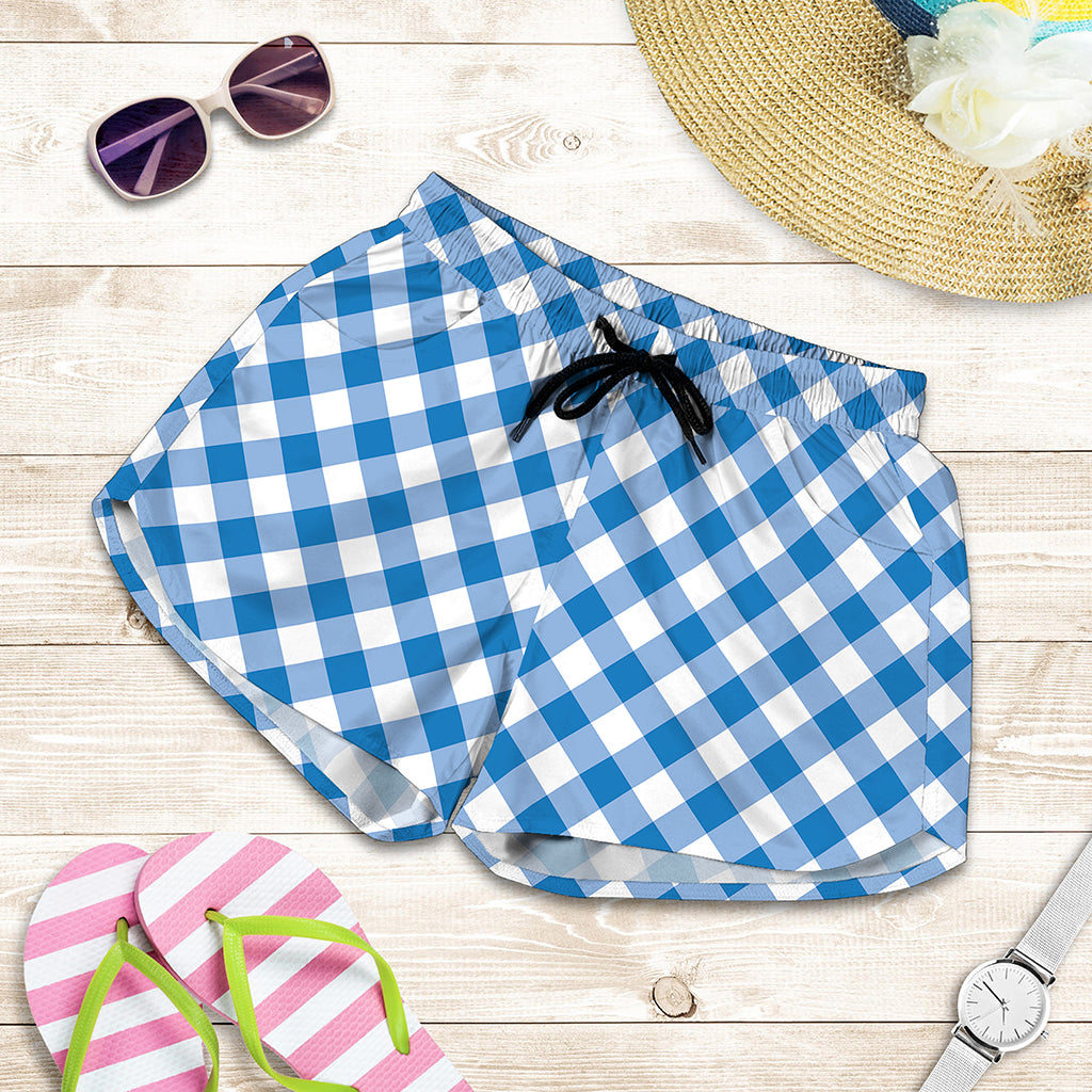 Steel Blue And White Gingham Print Women's Shorts