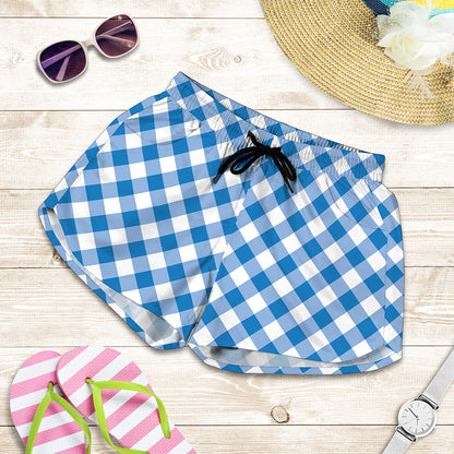 Steel Blue And White Gingham Print Women's Shorts