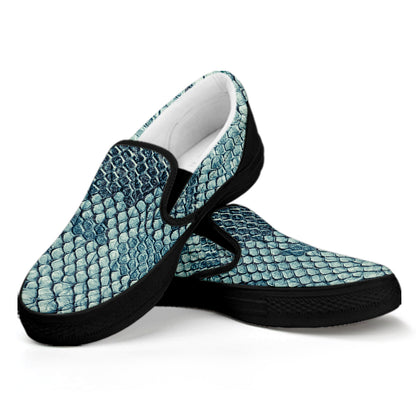 Steel Blue Snakeskin Print Black Slip On Shoes