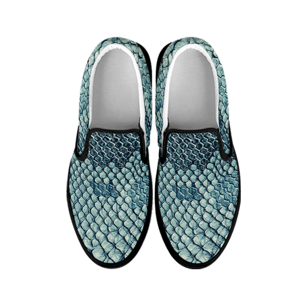 Steel Blue Snakeskin Print Black Slip On Shoes