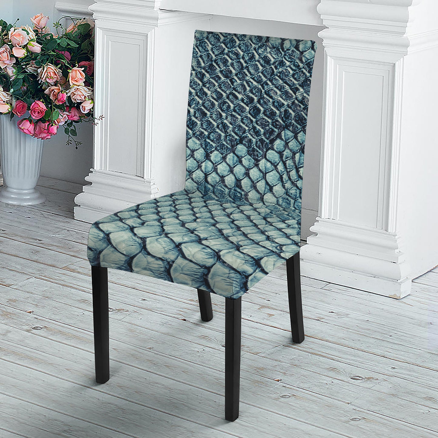 Steel Blue Snakeskin Print Dining Chair Slipcover