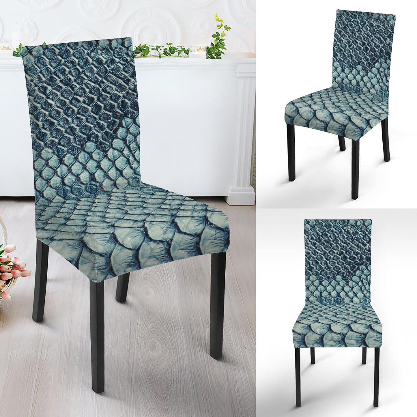 Steel Blue Snakeskin Print Dining Chair Slipcover
