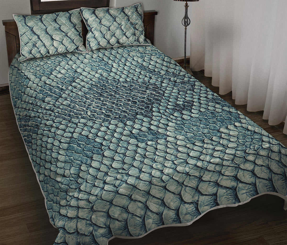 Steel Blue Snakeskin Print Quilt Bed Set