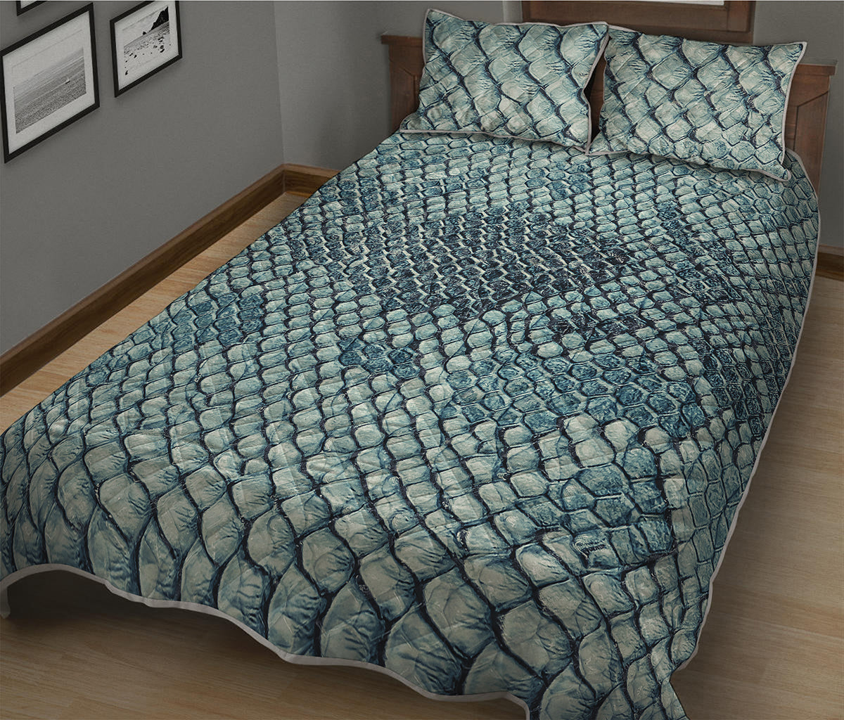 Steel Blue Snakeskin Print Quilt Bed Set