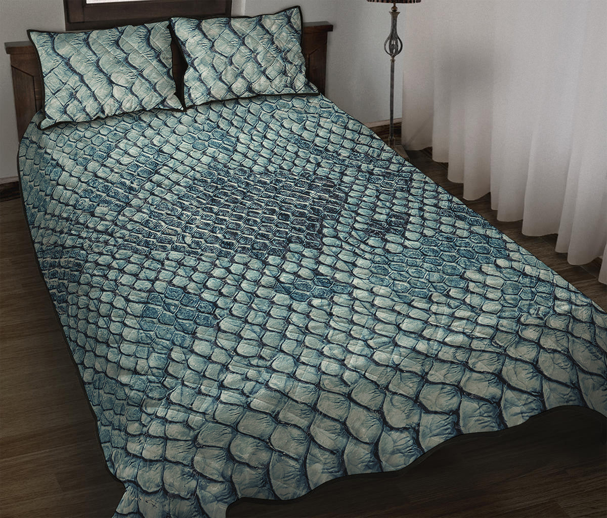 Steel Blue Snakeskin Print Quilt Bed Set