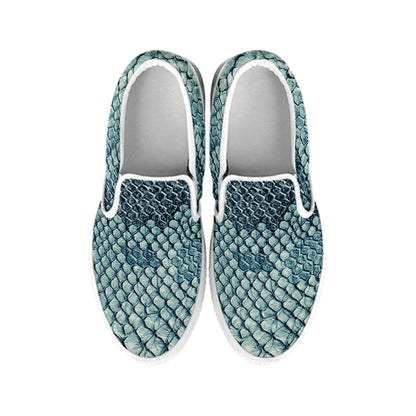 Steel Blue Snakeskin Print White Slip On Shoes