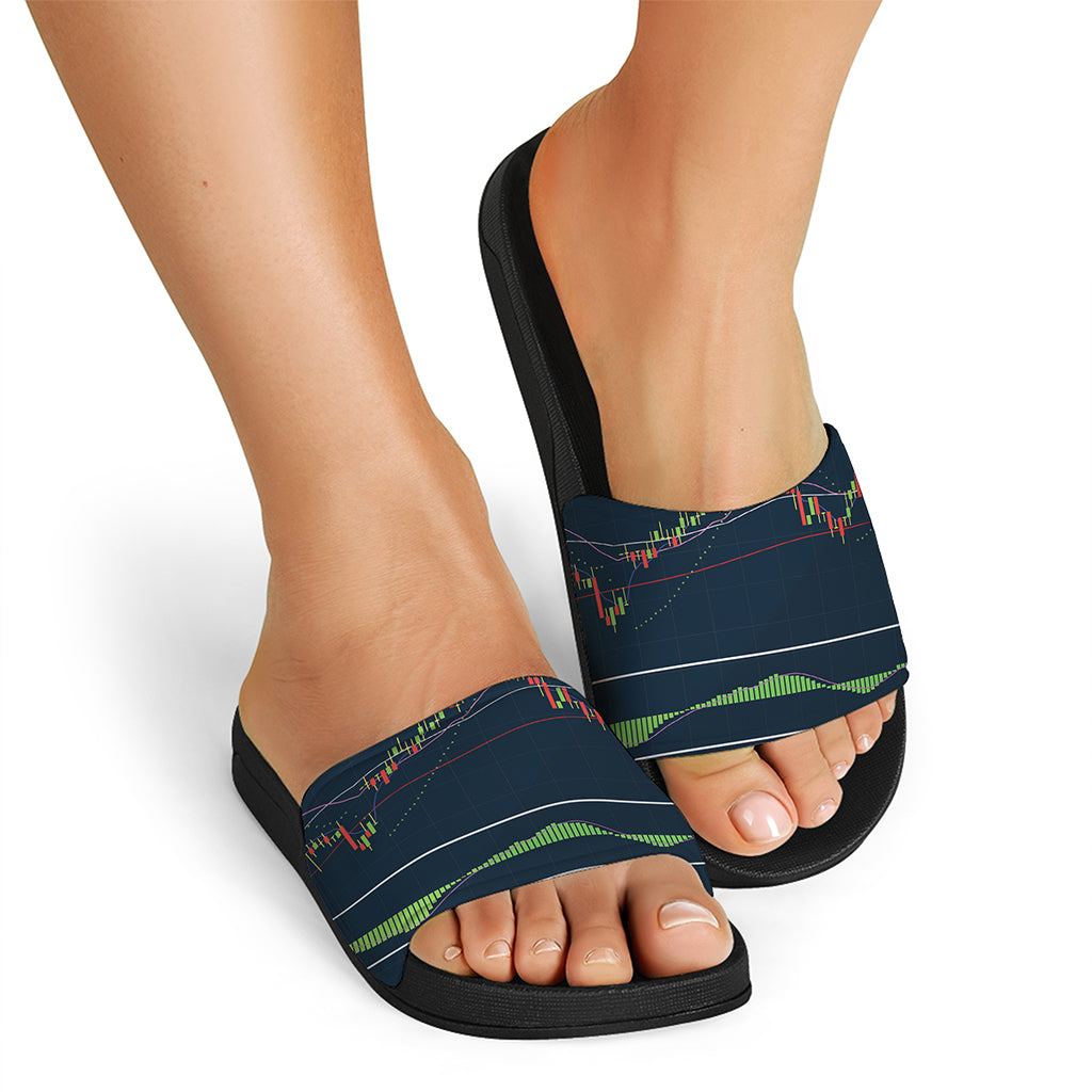 Stock Candlestick And Indicators Print Black Slide Sandals