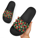 Strawberry And Flower Pattern Print Black Slide Sandals