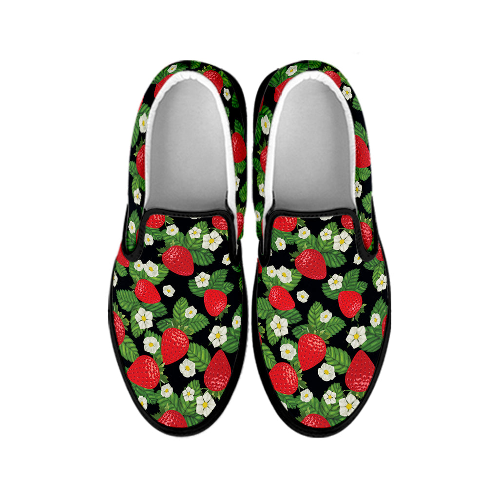 Strawberry And Flower Pattern Print Black Slip On Shoes