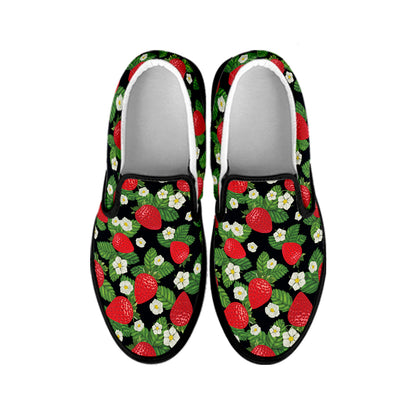 Strawberry And Flower Pattern Print Black Slip On Shoes