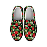 Strawberry And Flower Pattern Print Black Slip On Shoes