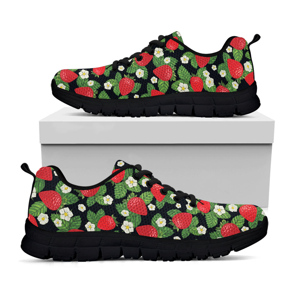 Strawberry And Flower Pattern Print Black Sneakers