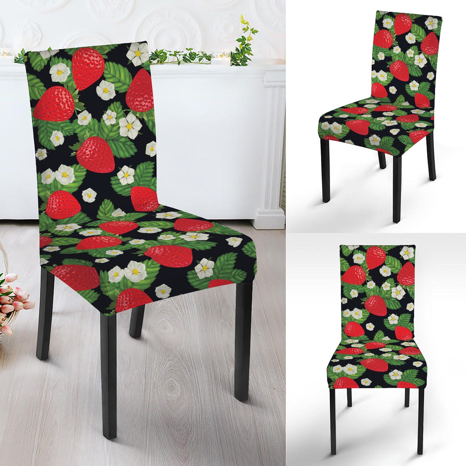 Strawberry And Flower Pattern Print Dining Chair Slipcover