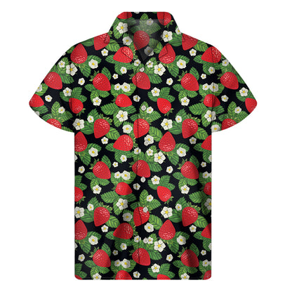Strawberry And Flower Pattern Print Men's Short Sleeve Shirt