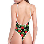 Strawberry And Flower Pattern Print One Piece High Cut Swimsuit