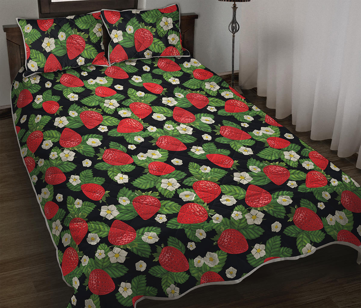 Strawberry And Flower Pattern Print Quilt Bed Set