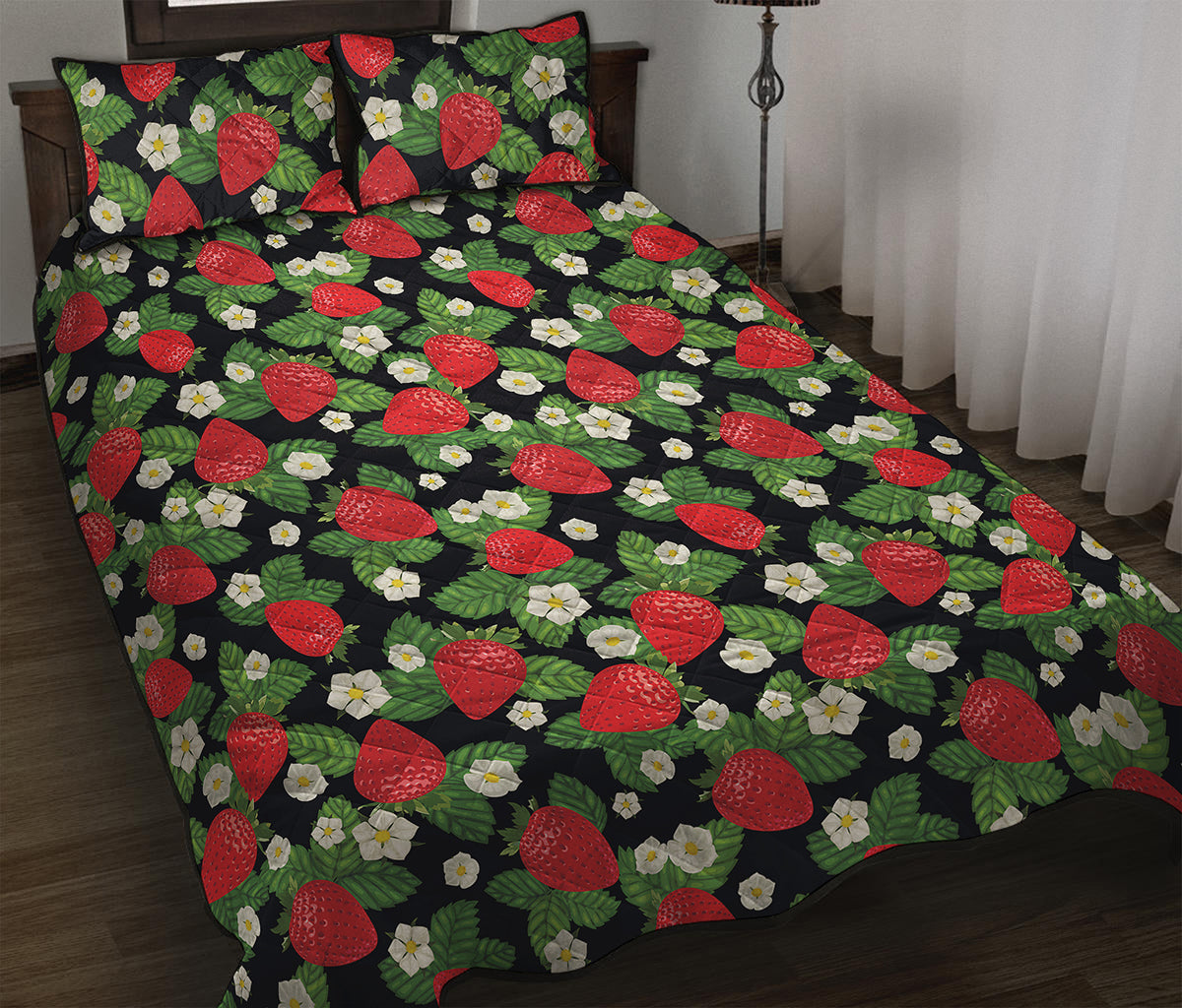 Strawberry And Flower Pattern Print Quilt Bed Set