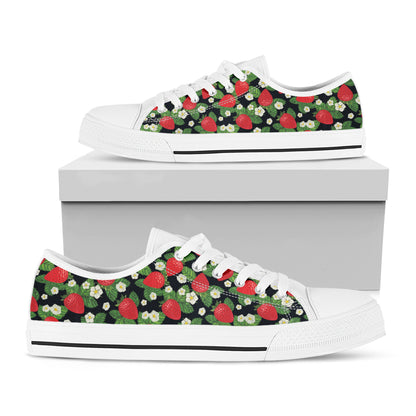 Strawberry And Flower Pattern Print White Low Top Shoes