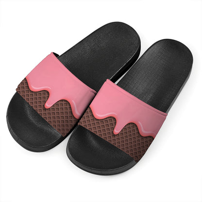 Strawberry Ice Cream Melted Print Black Slide Sandals