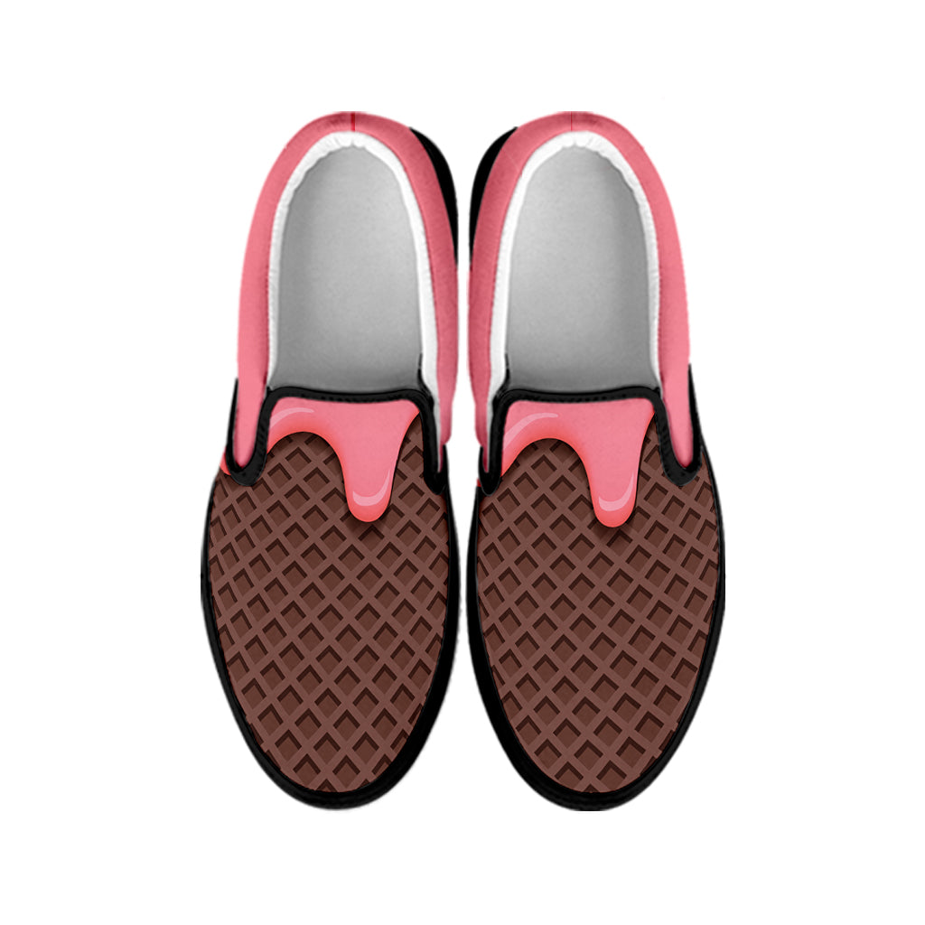 Strawberry Ice Cream Melted Print Black Slip On Shoes