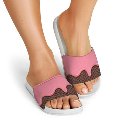 Strawberry Ice Cream Melted Print White Slide Sandals