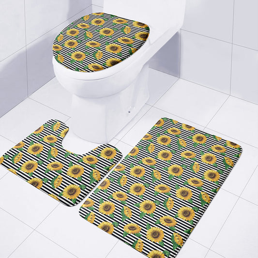 Stripe Sunflower Pattern Print 3 Piece Bath Mat Set