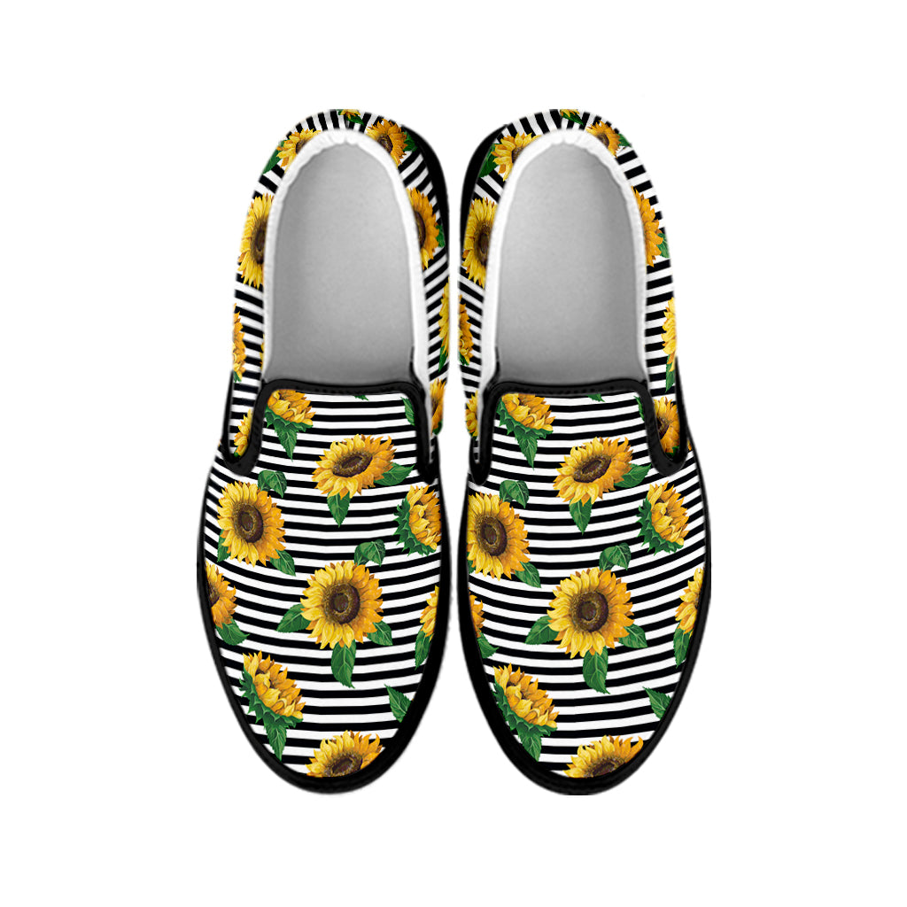 Stripe Sunflower Pattern Print Black Slip On Shoes