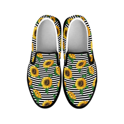Stripe Sunflower Pattern Print Black Slip On Shoes