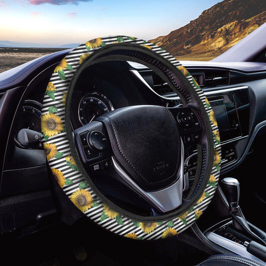Stripe Sunflower Pattern Print Car Steering Wheel Cover
