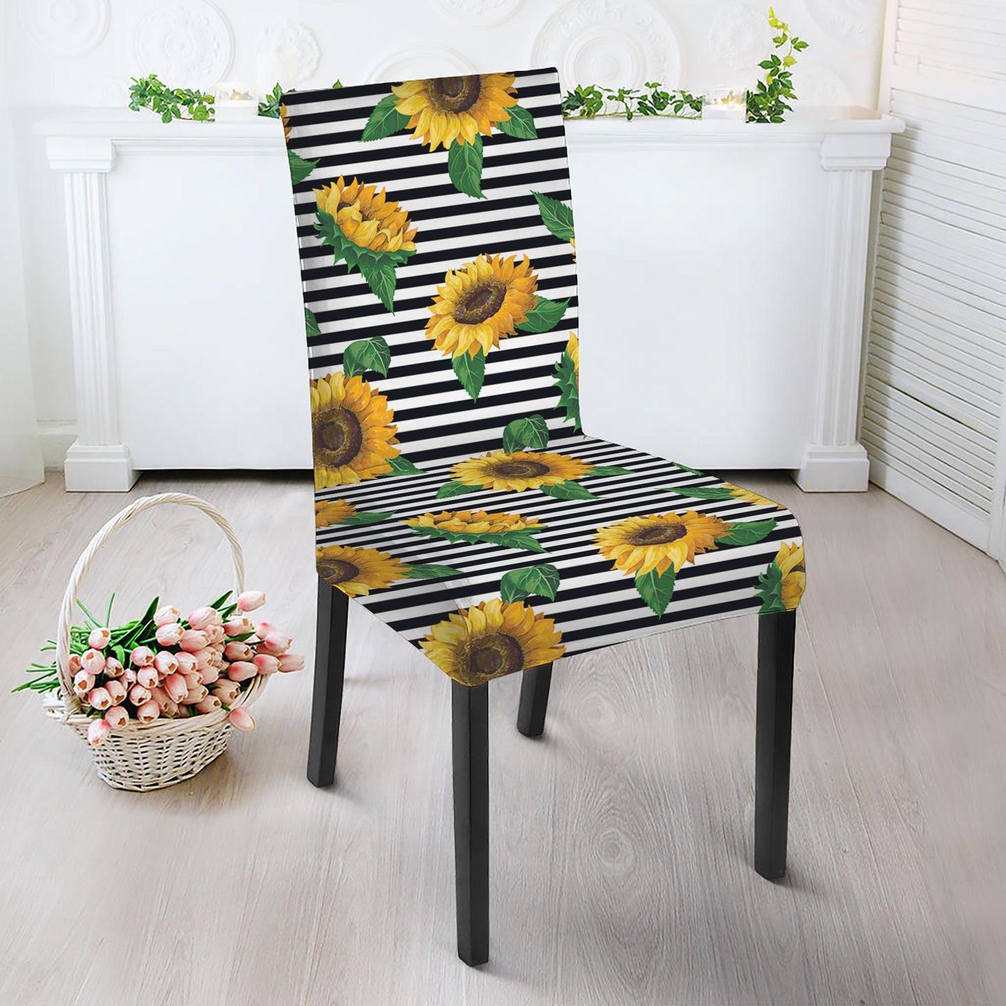 Stripe Sunflower Pattern Print Dining Chair Slipcover