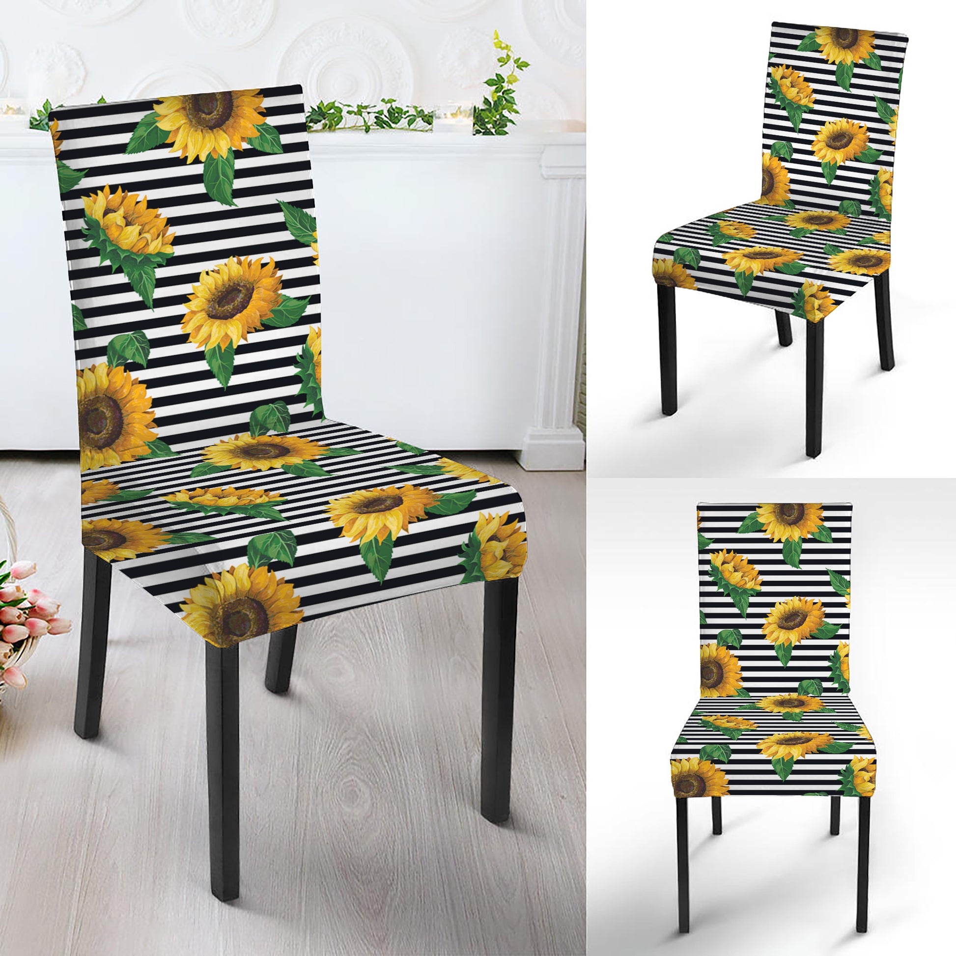 Stripe Sunflower Pattern Print Dining Chair Slipcover